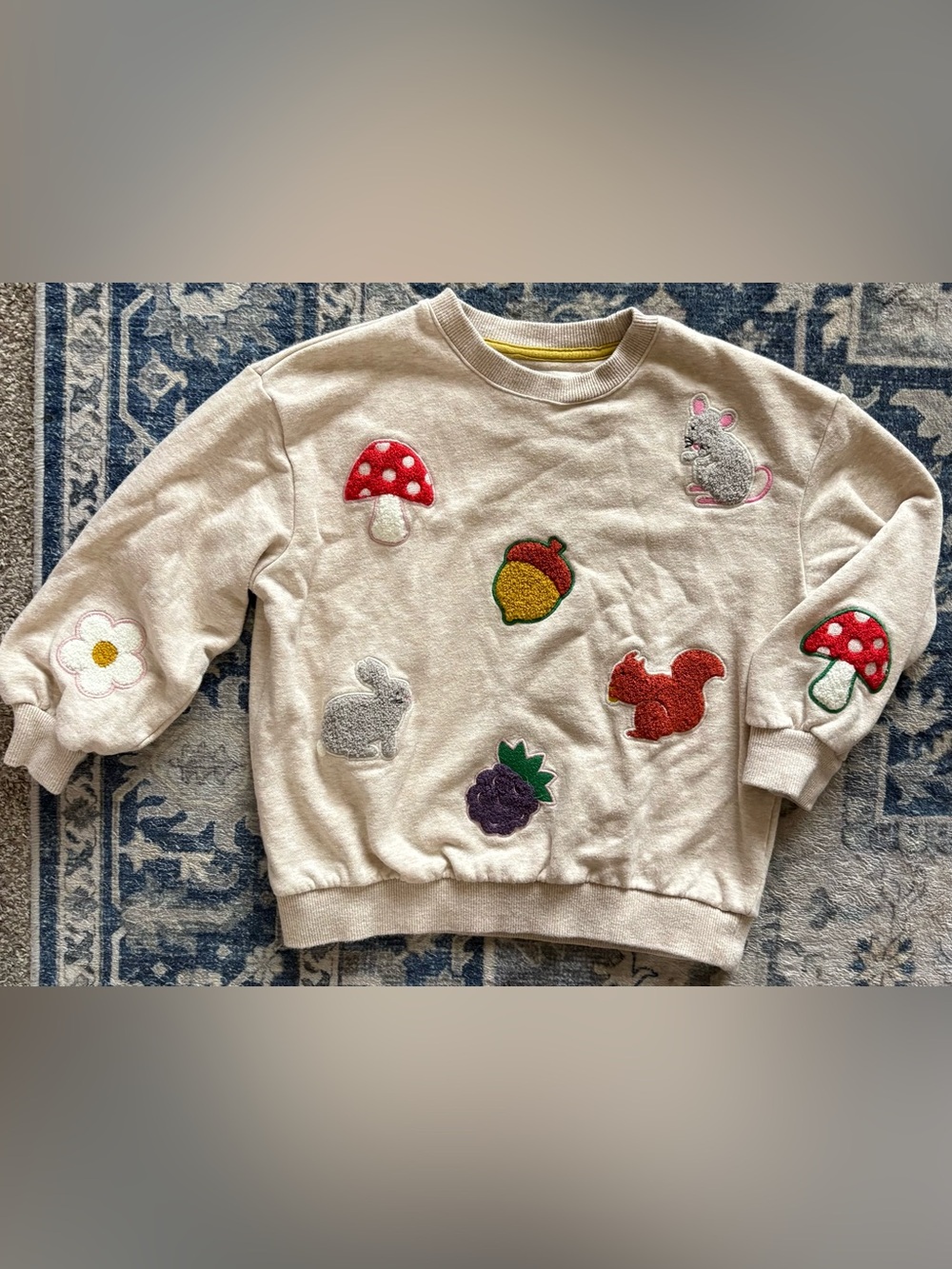 Mini Boden Cream Appliqué Sweatshirt with Red Mushroom & Multicolor Patches